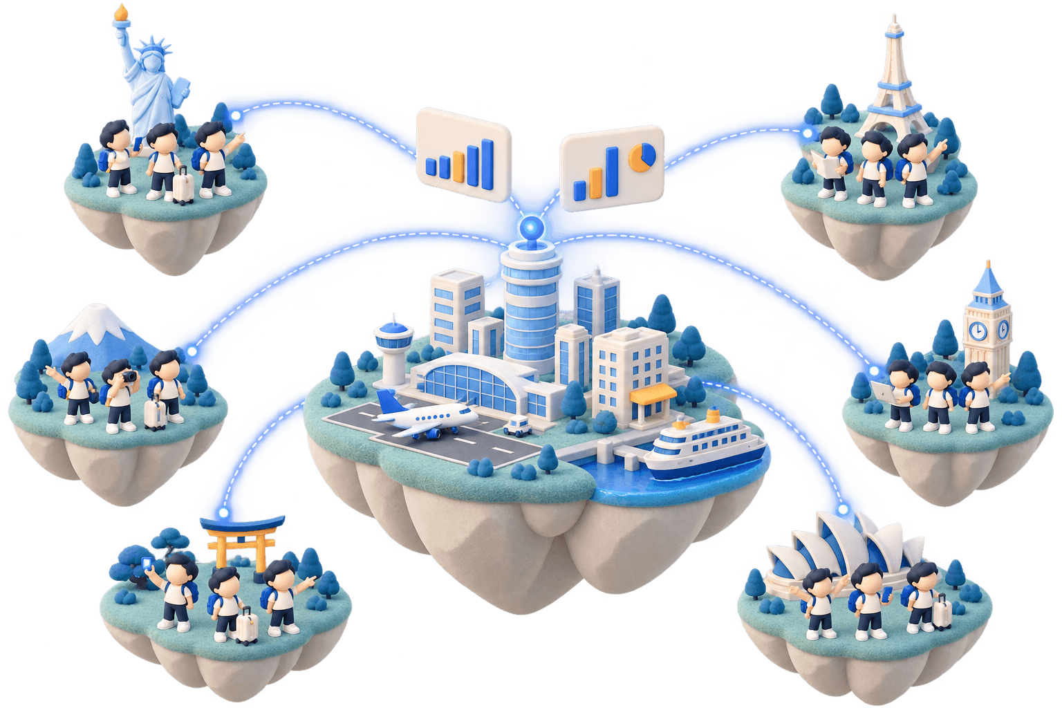 A miniature city connected by signal arcs to groups of travelers