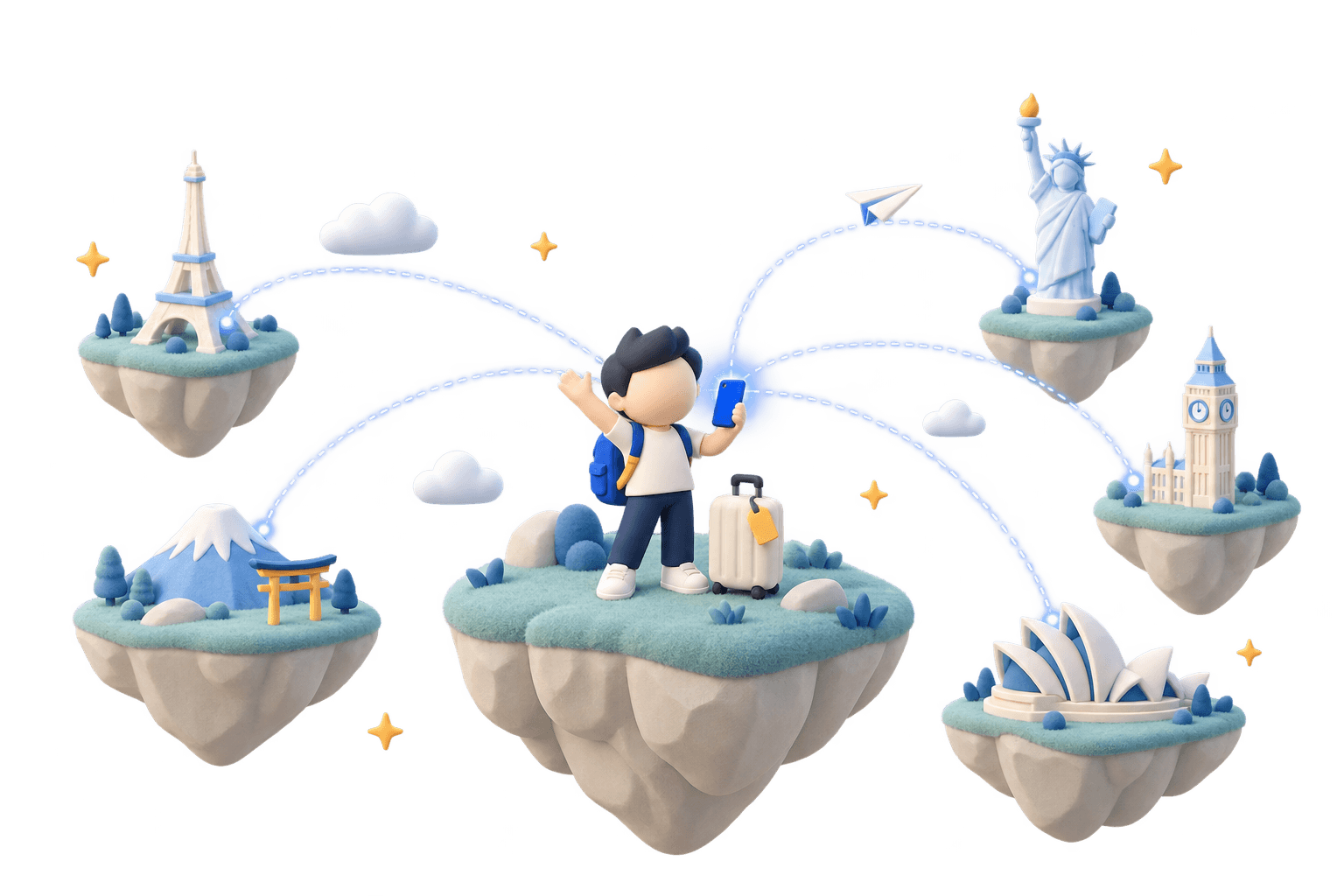 A traveler on a floating ledge, connected to landmarks around the world