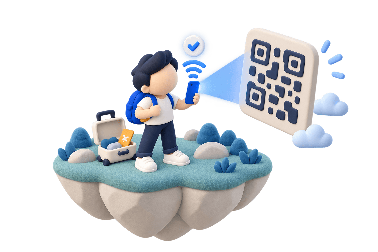 A traveler scanning an eSIM QR code on a floating ledge